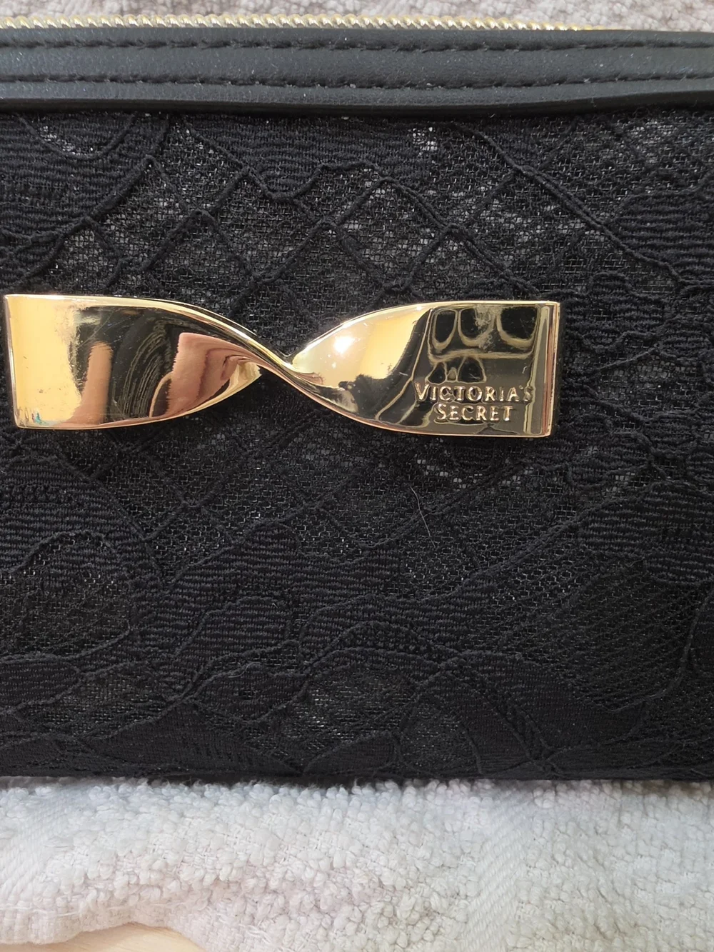Victoria's Secret Black Lace Cosmetic Pouch with Gold Bow Accent